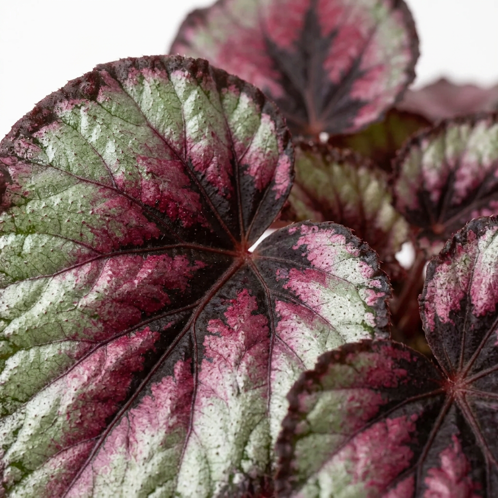 Begonia Rex plant close up with green and pinkish leaves with black edges on a white background.