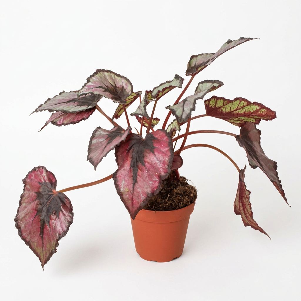 Potted begonia rex plant with pinkish leaves and black edges in a brown pot on a solid white surface.
