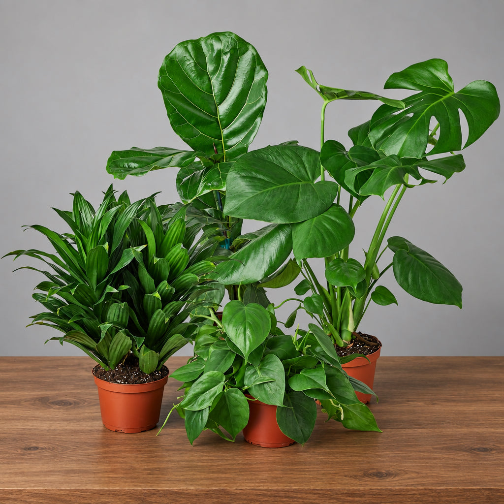 Four potted plants with big green leaves in brown pots on a brown  surface with a  gray background
