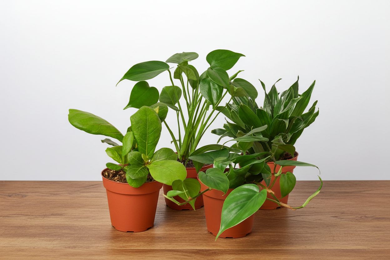 Four potted plants on a light surface with a white background