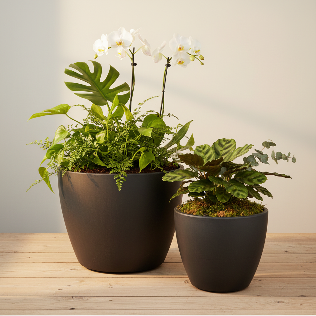 Two black plant pots on a white background