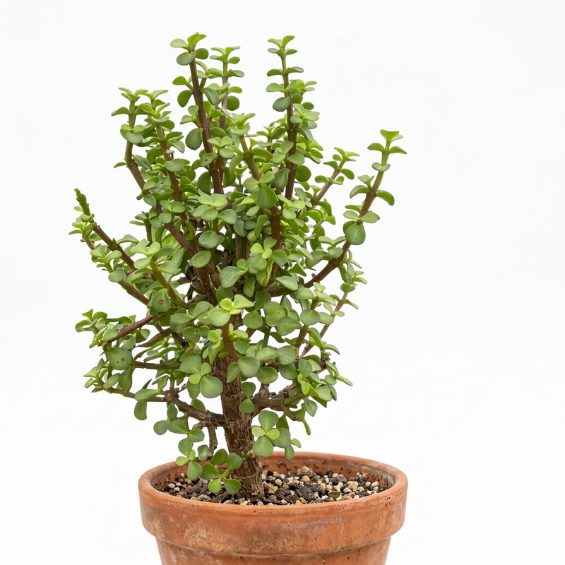 Potted bonsai ‘elephant bush’ plant with small green waxy leaves succulent leaves growing in a brown pot against a solid white background.
