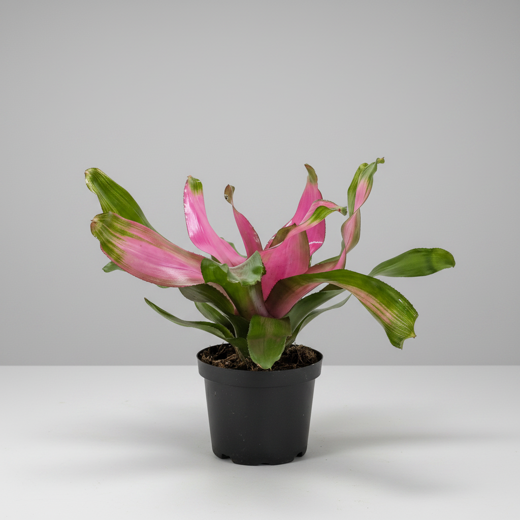Potted plant with pink flowers and green leaves on a white background