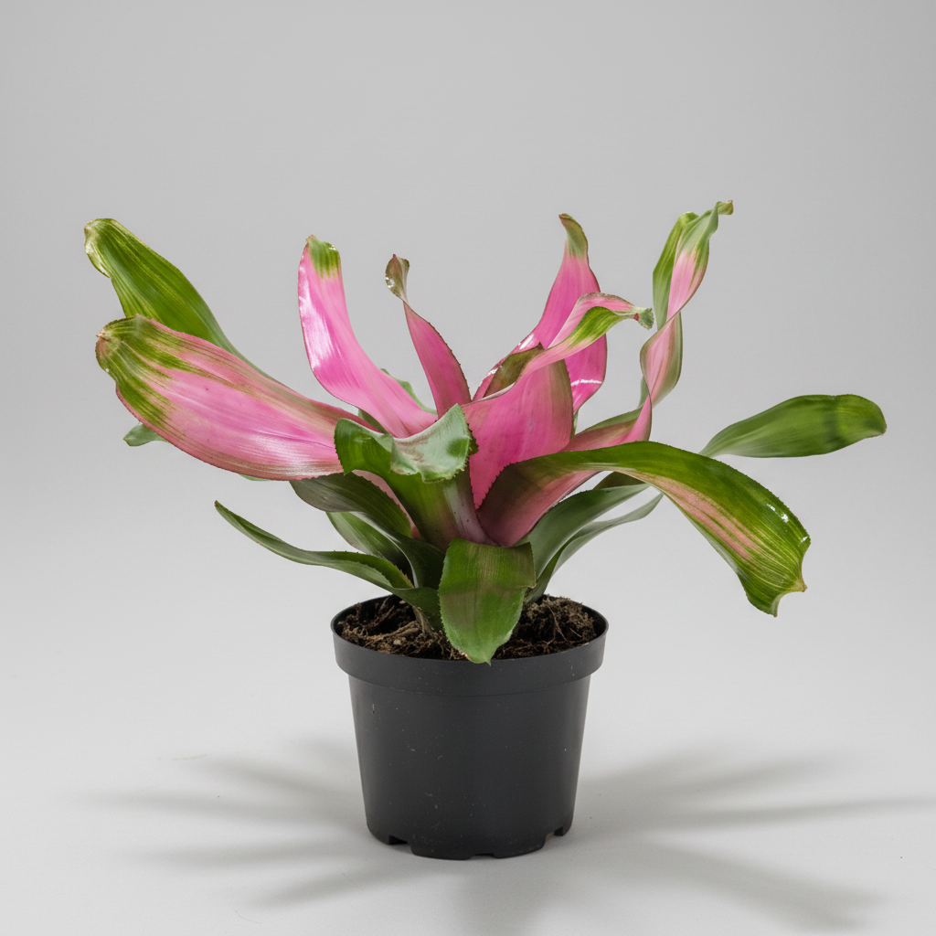 Potted plant with pink and green leaves on a grey background in a black pot