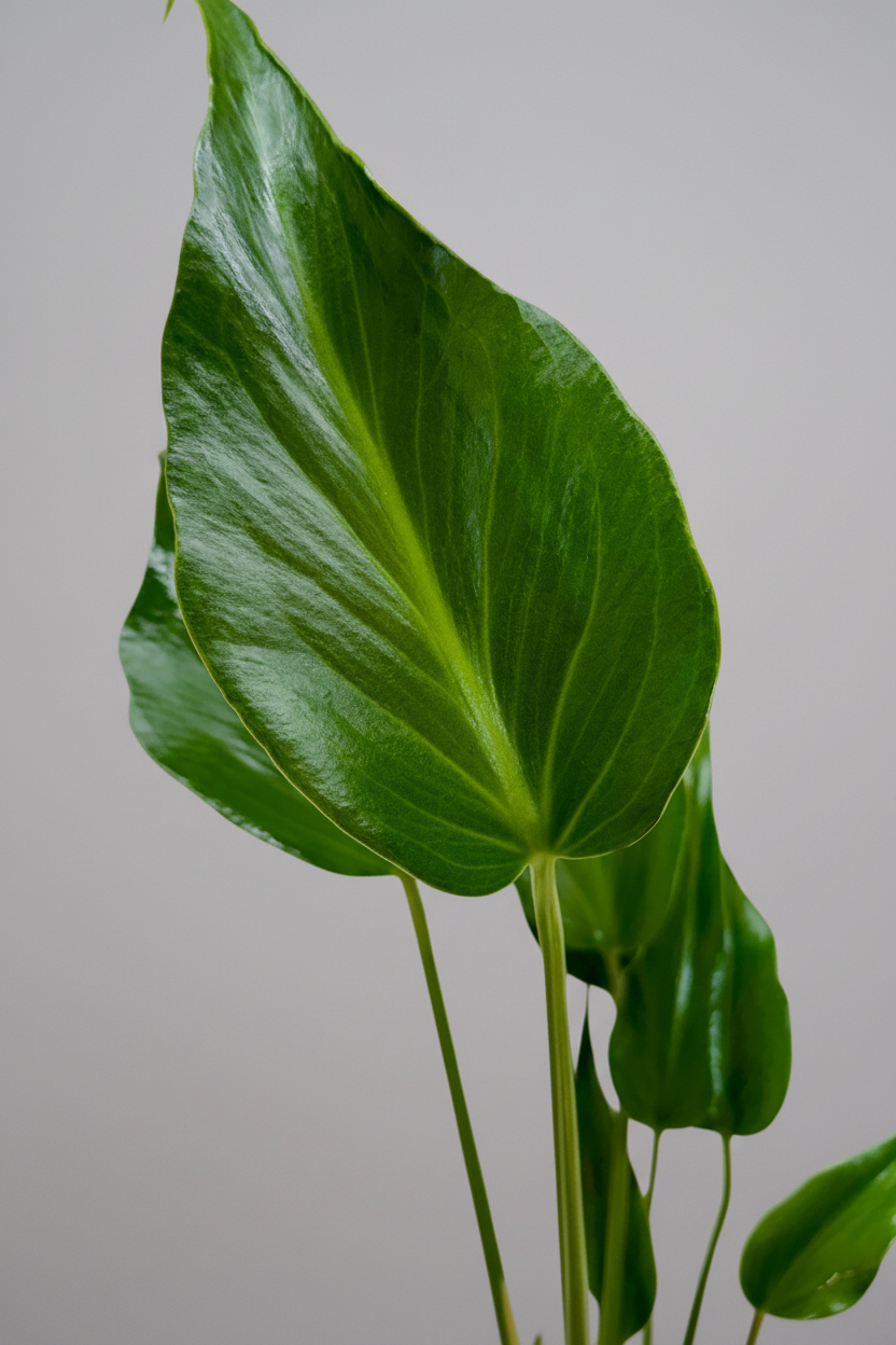 up close of a green leaf from a monstera burl marx flame with grey background