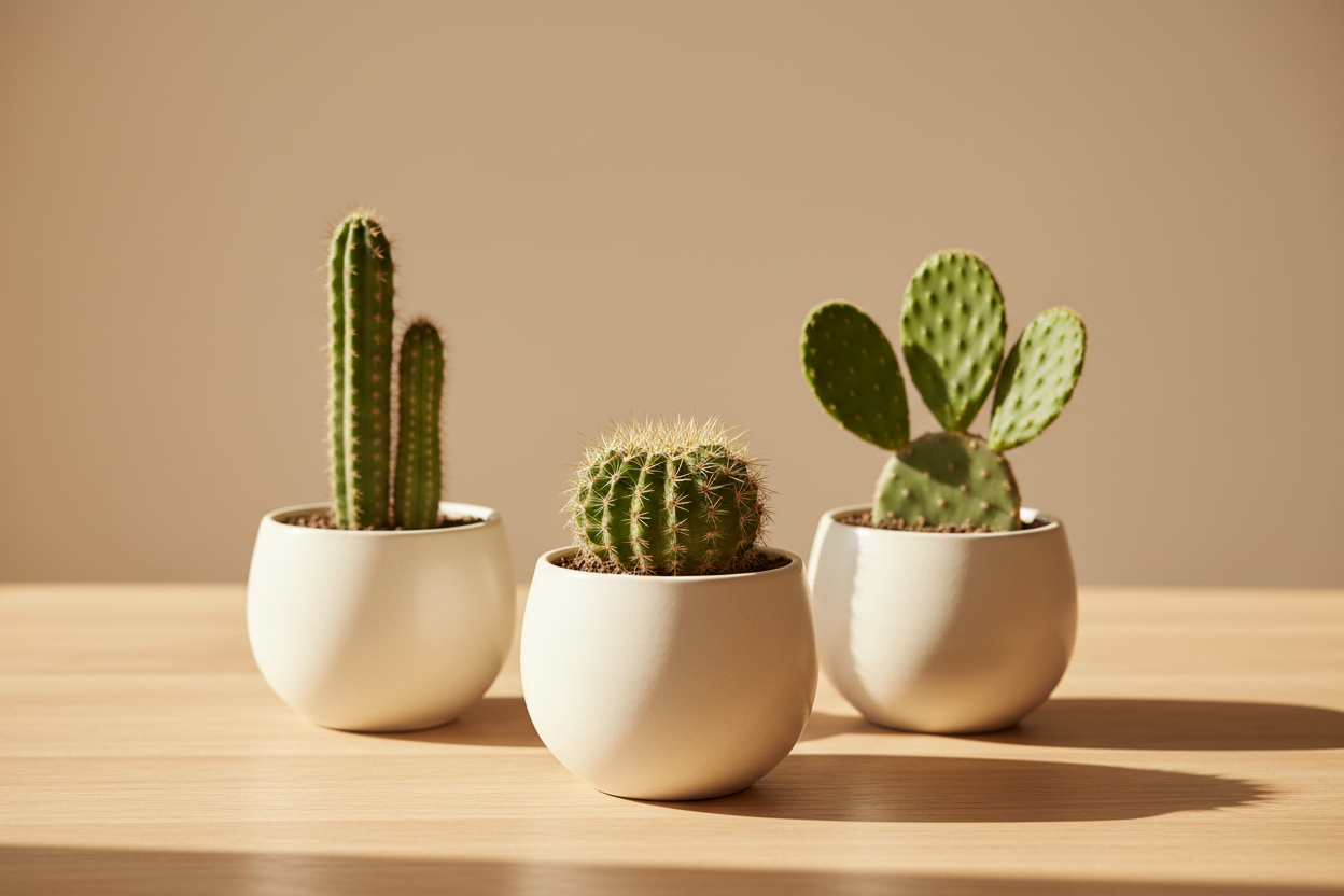 Three small potted cacti in round off-white ceramic pots arranged on a light wood surface against a warm beige background.
