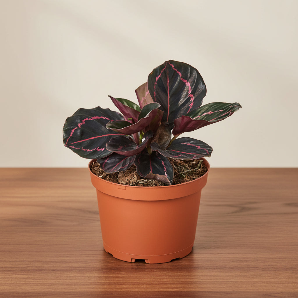 Potted plant with dark green leaves and red accents on a white background