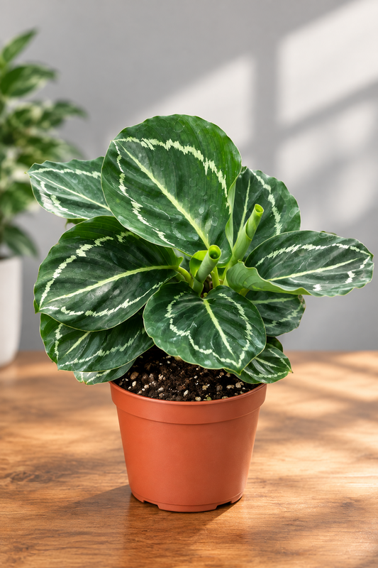 A calathea ‘green goddess’ plant with green and white stripe leaves in a brown pot sitting on a brown surface with grey background.