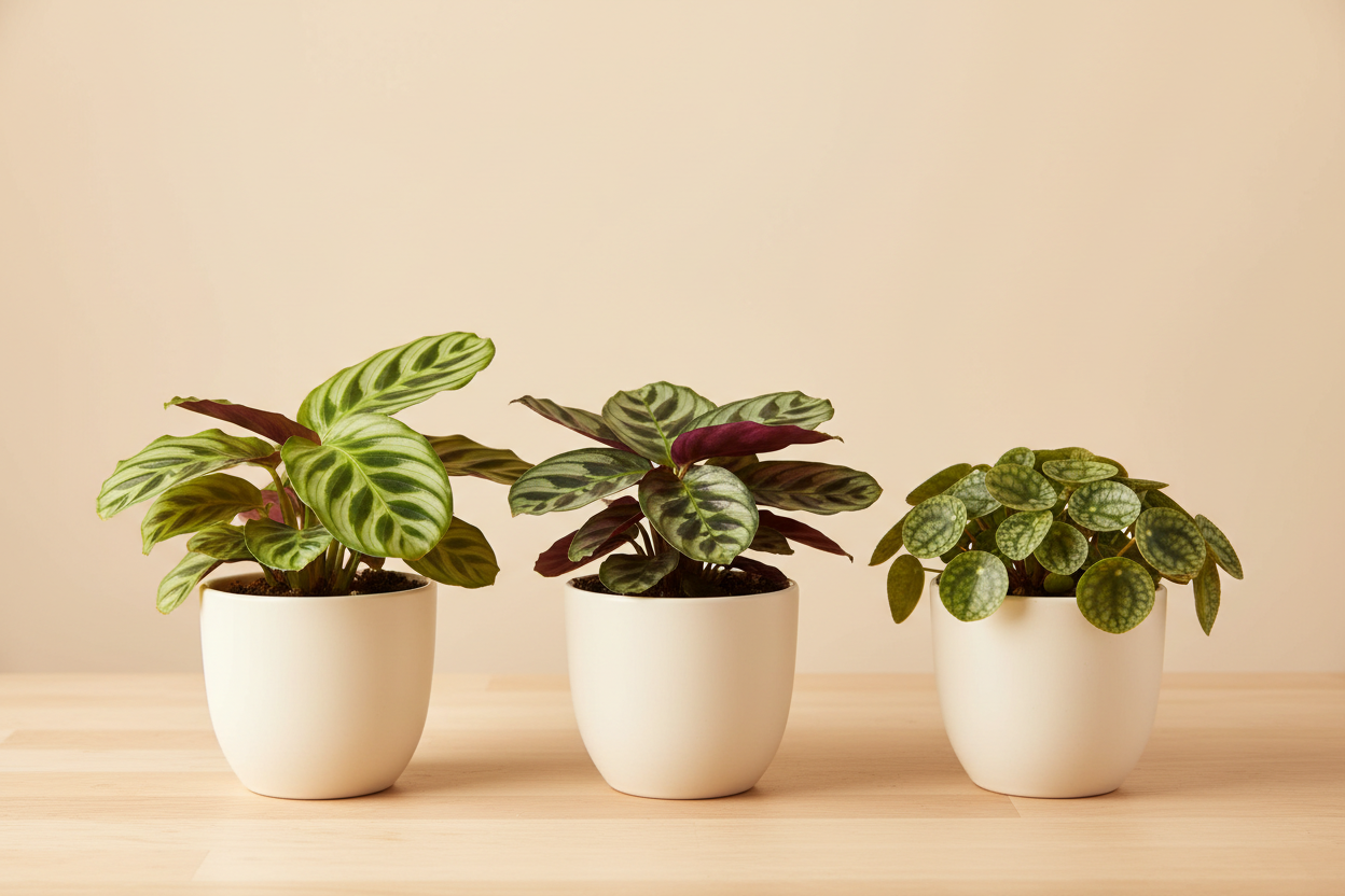 Three small potted houseplants in white ceramic pots arranged on a light wood surface against a warm beige background.