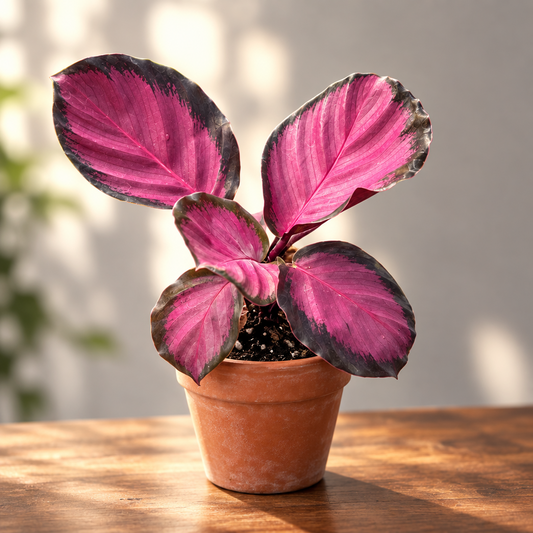 A calathea ‘purple rose’ plant with purple leaves in a brown pit on a brown surface with grey background.