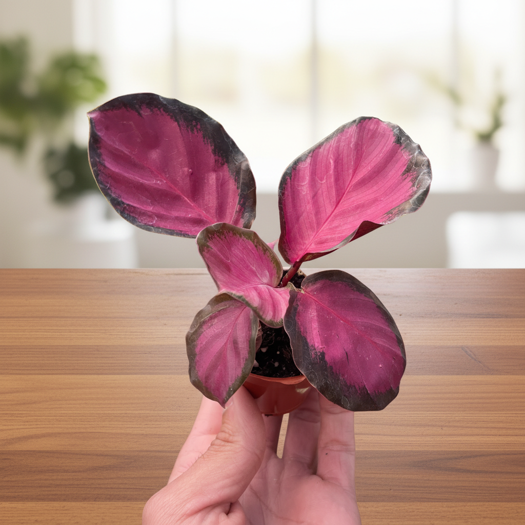 Hand holding a small potted plant with pink and purple leaves on a white background
