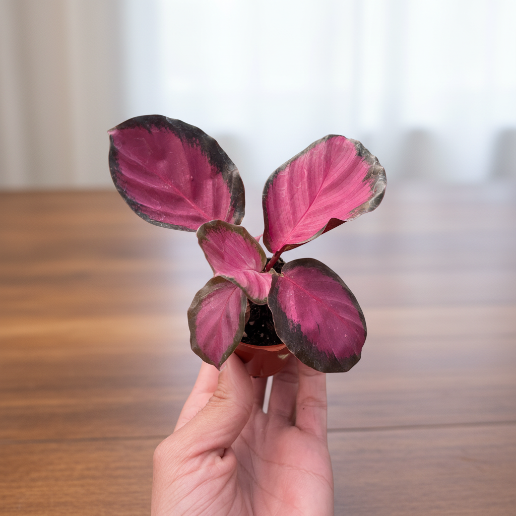 Small potted plant with pink and green leaves held in a hand against a white background