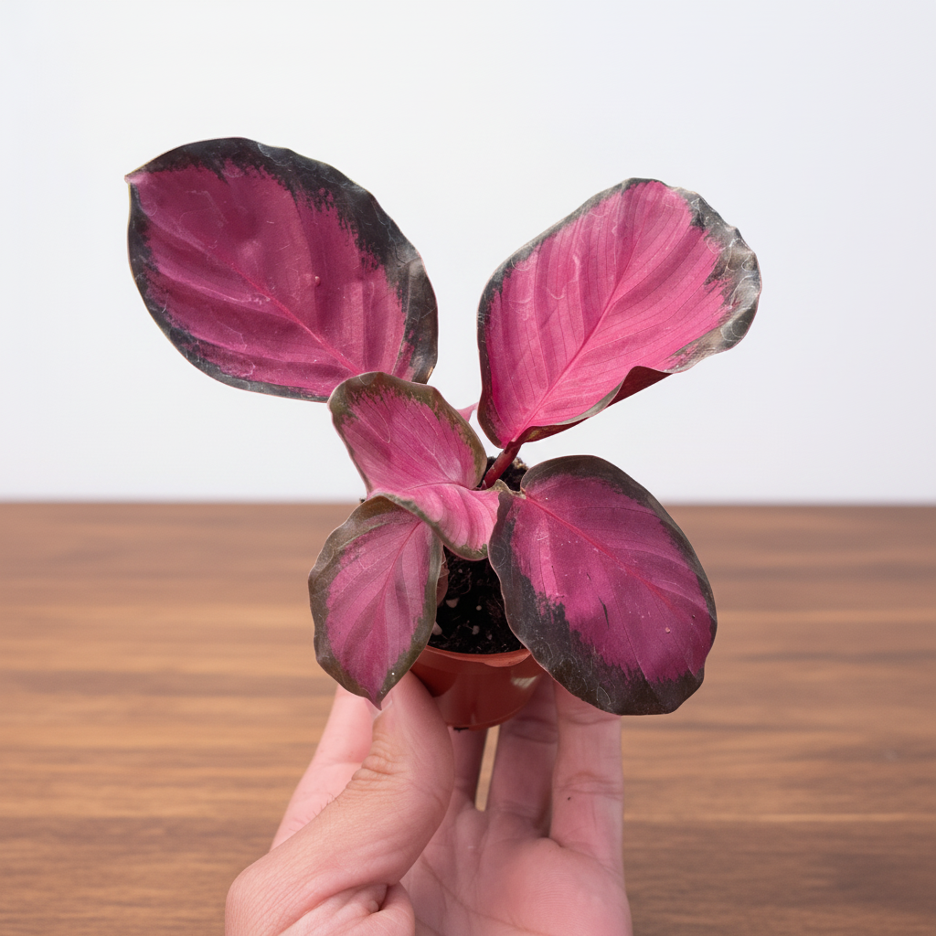 Hand holding a small pink and purple leafed plant against a white background