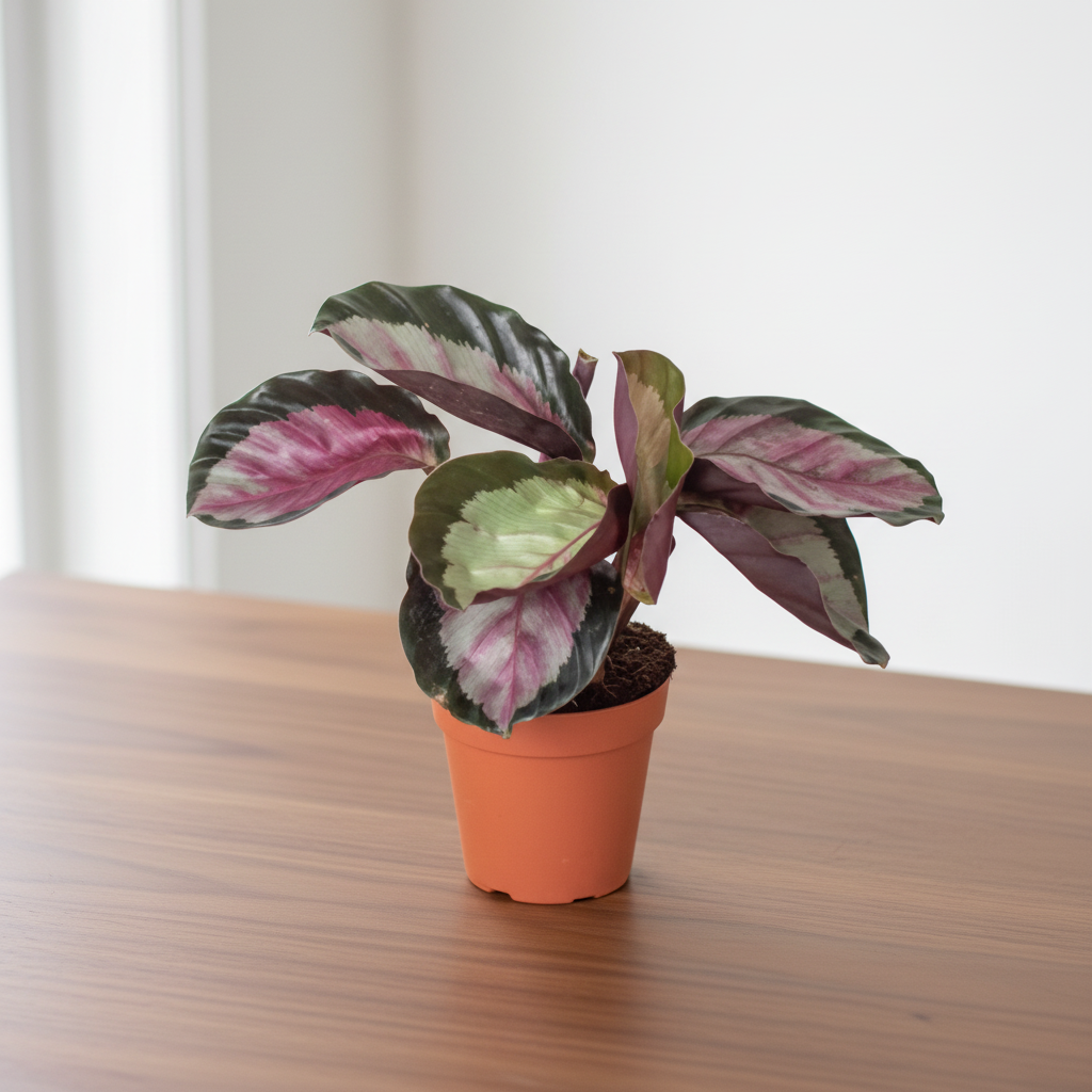 Potted plant with pink and green leaves on a white background