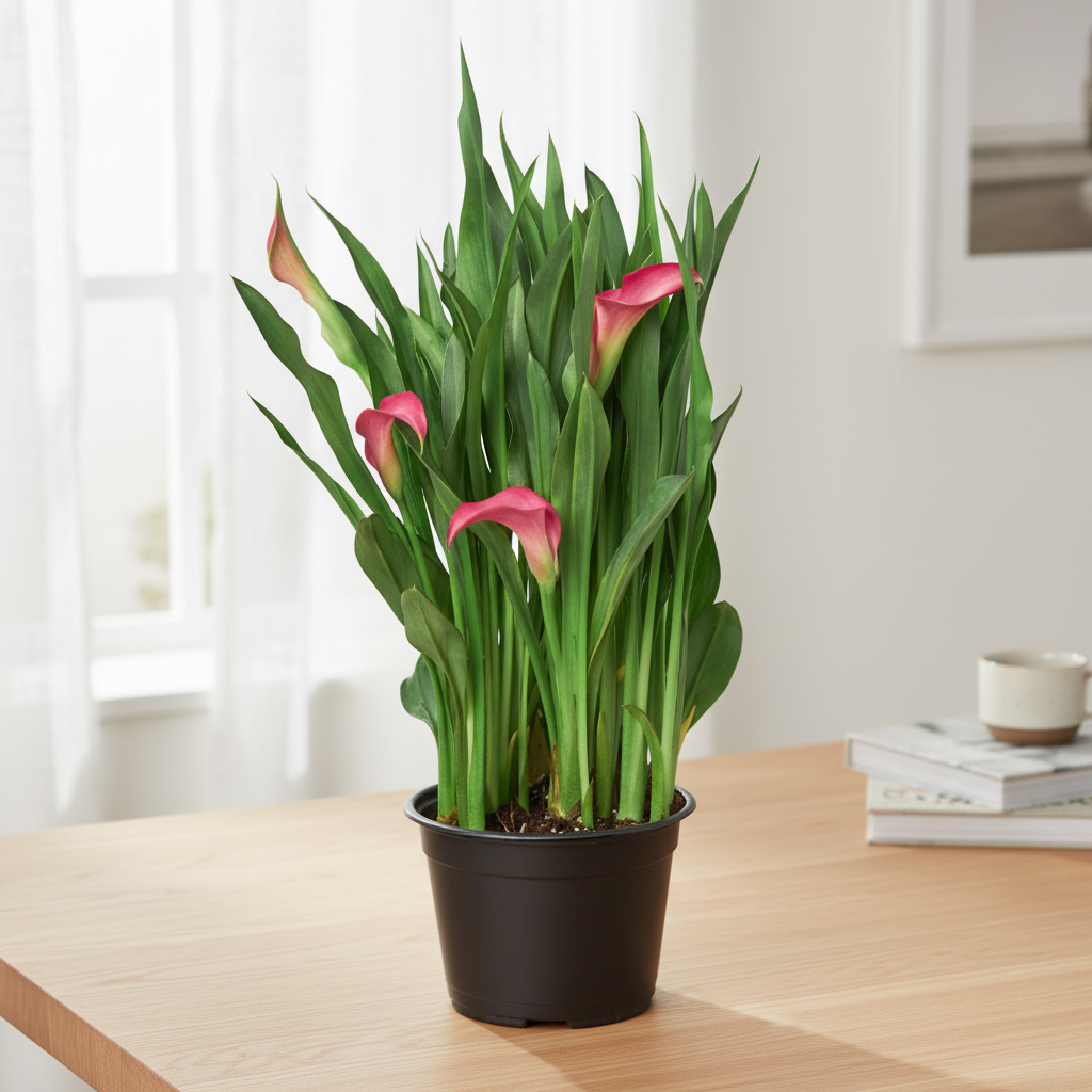 Potted plant with pink flowers and green leaves on a white background on a brown table