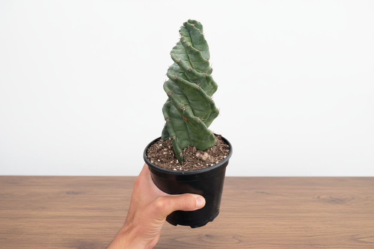 Hand holding a potted cactus with a white background