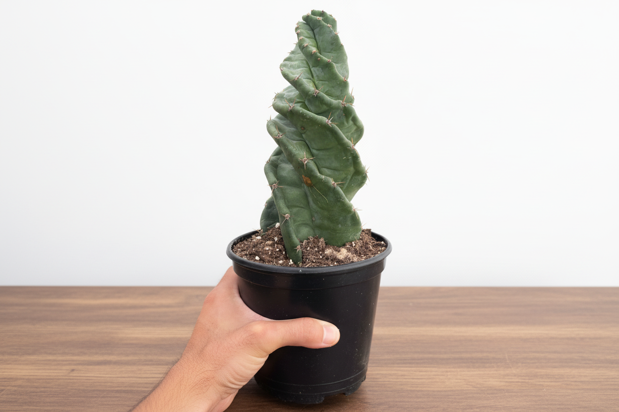 Person holding a potted cactus plant against a white background
