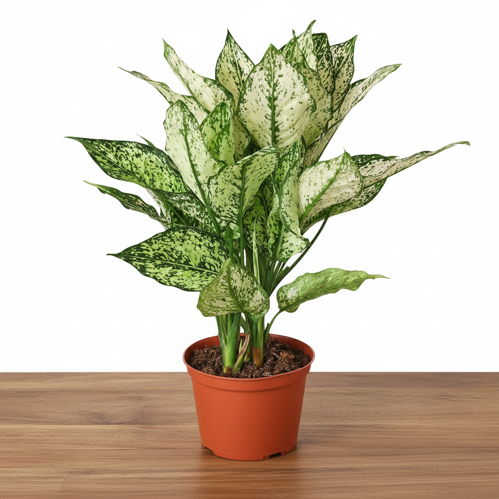 Potted plant with green and white leaves on a white background sitting on a brown table