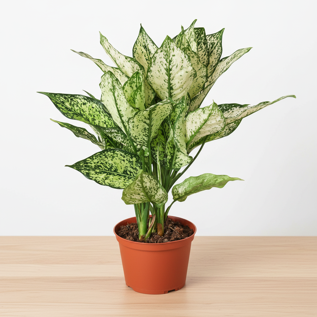 Potted plant with green and white leaves on a white background on a brown table