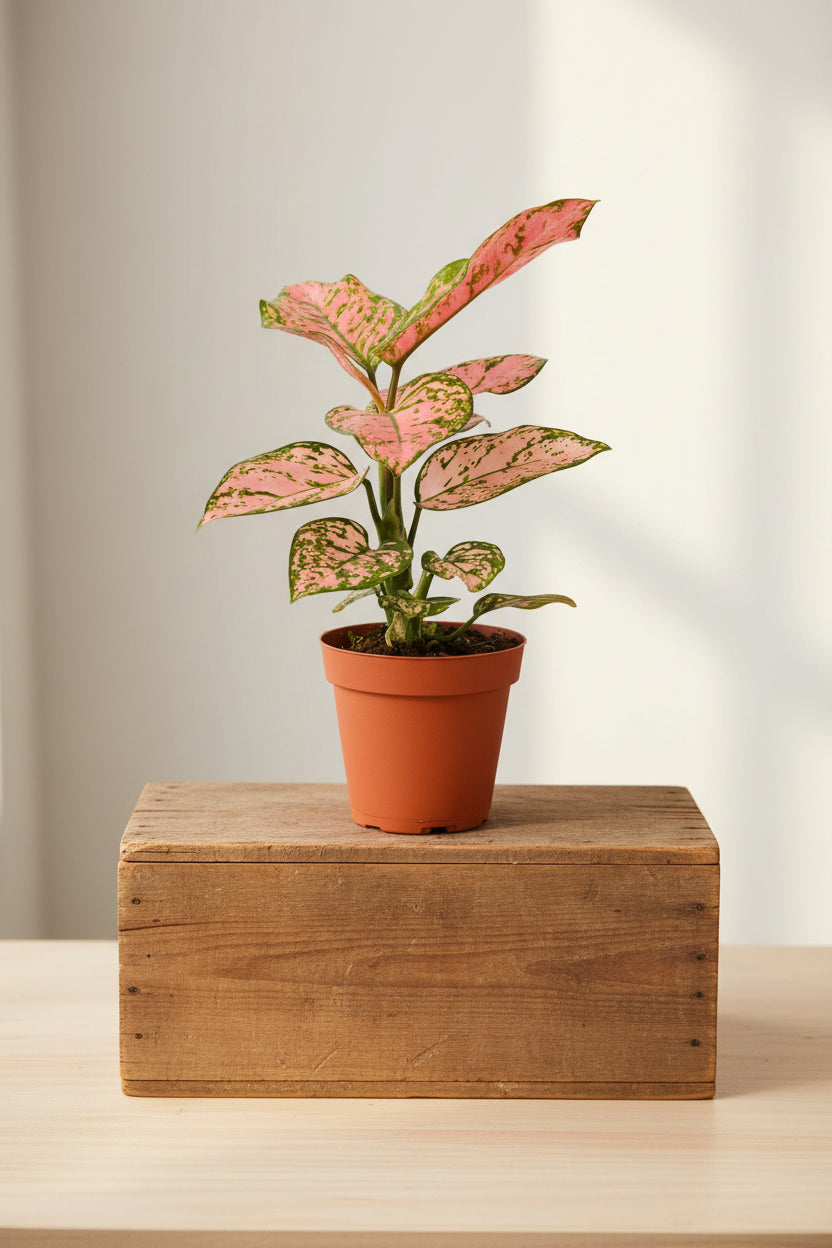 Potted plant with pink and green leaves on a white background on a wood box sitting on a table