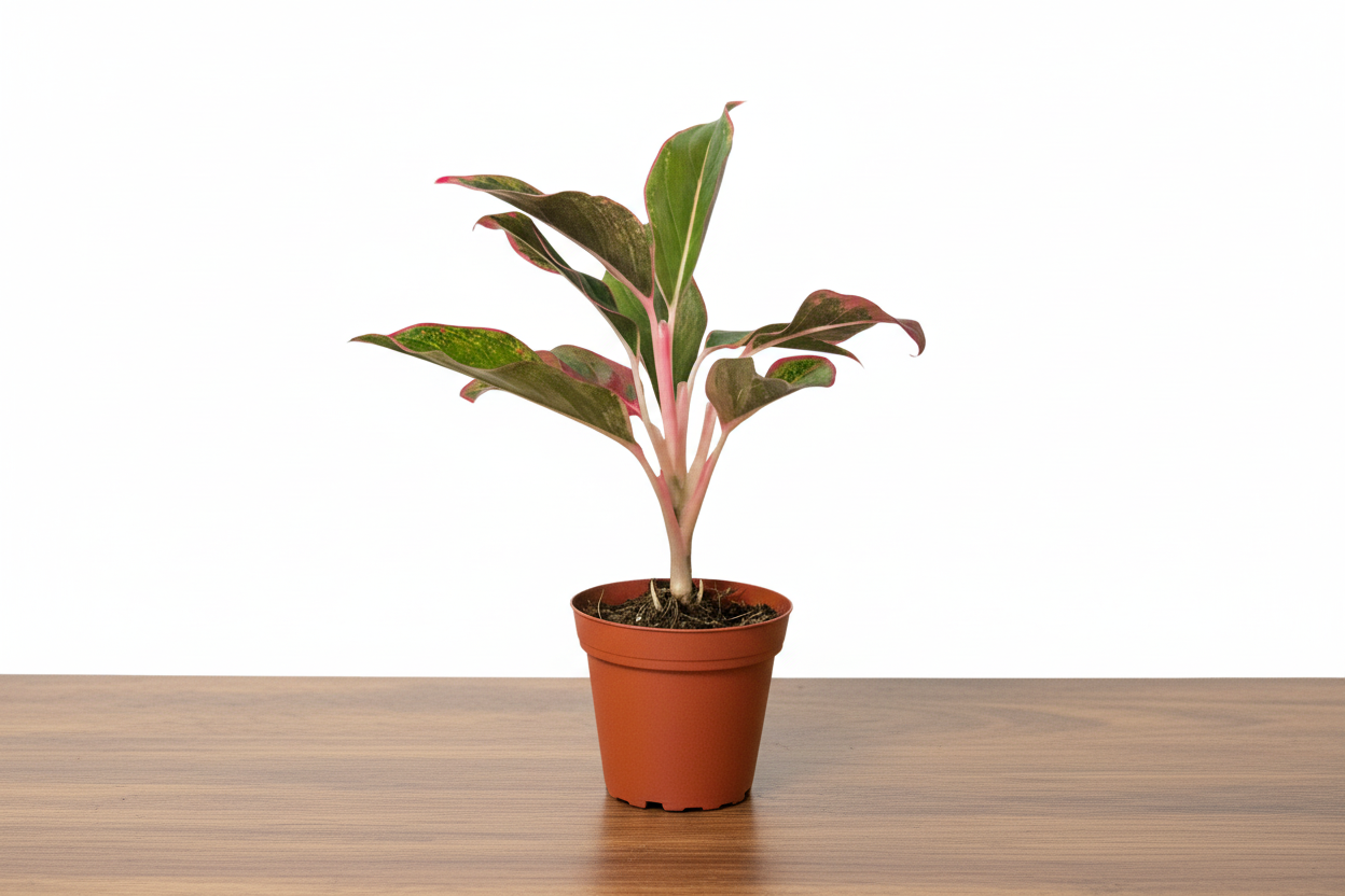 Potted plant with red and green leaves on a white background