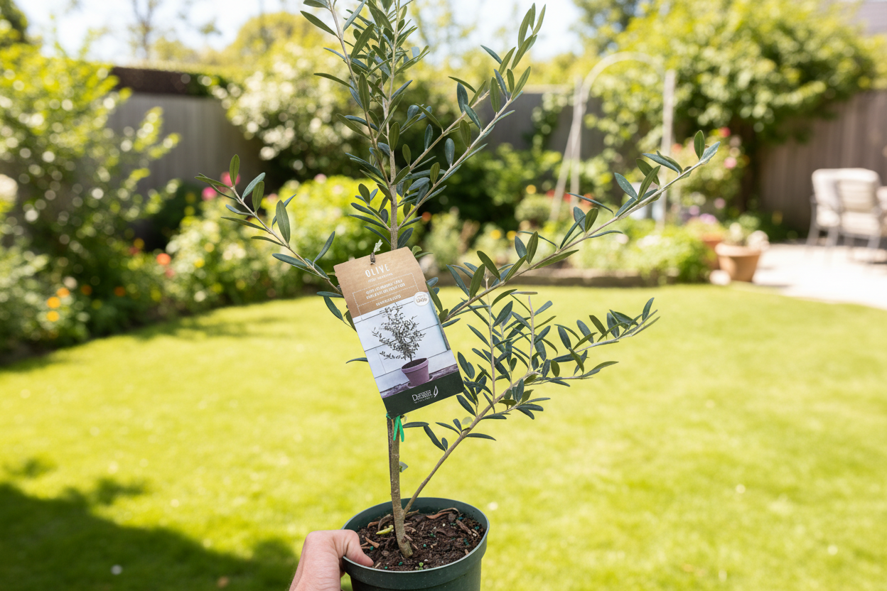 Potted olive tree with a label on a white background