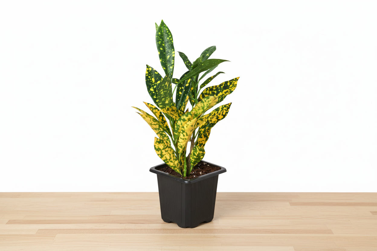 Potted plant with green and yellow leaves on a white background