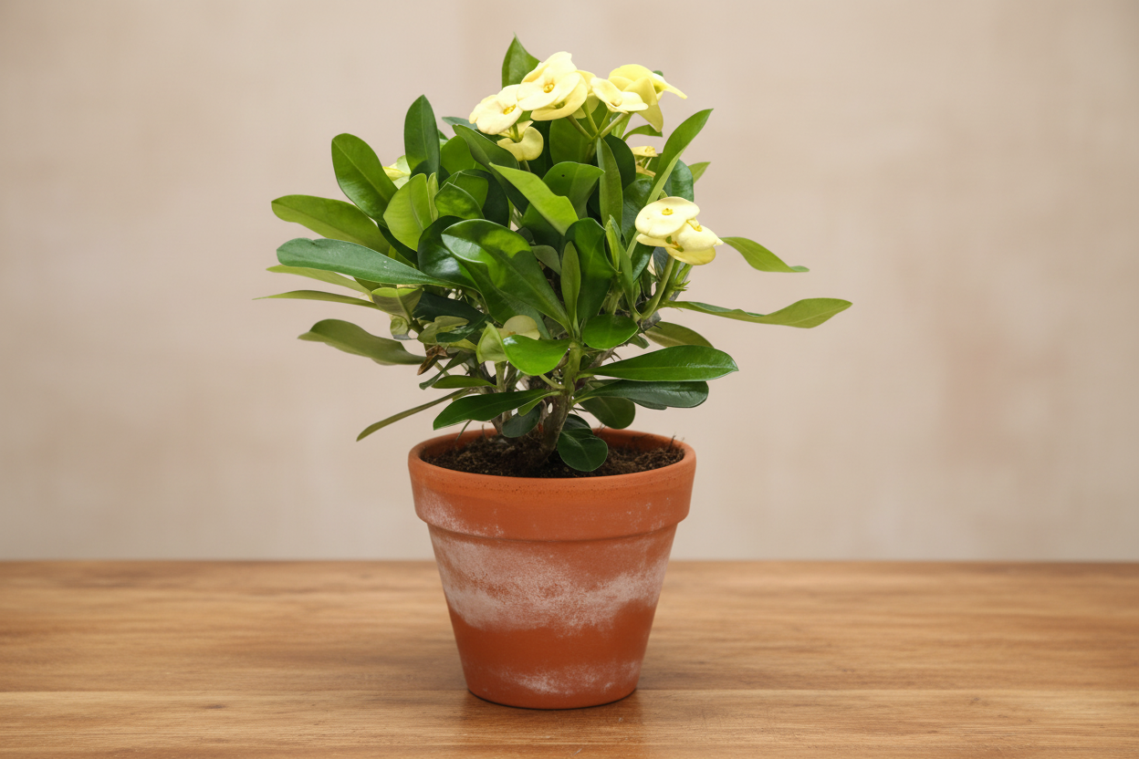 Potted plant with yellow flowers and green leaves on a white background