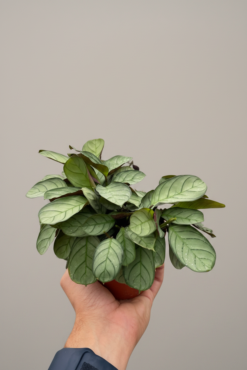 Hand holding a small green potted plant against a white background