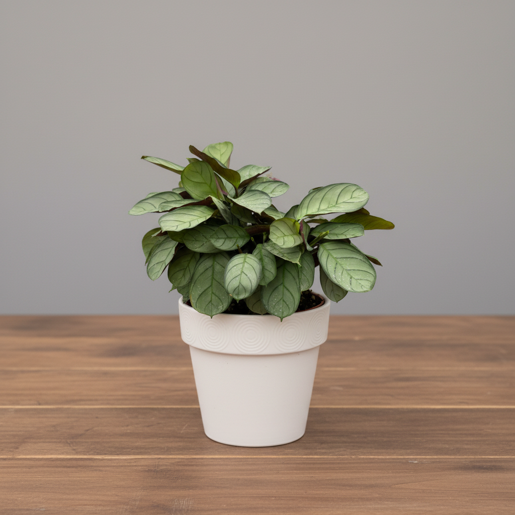 plant with green and underside purple leaves on brown table in a white pot grey back ground