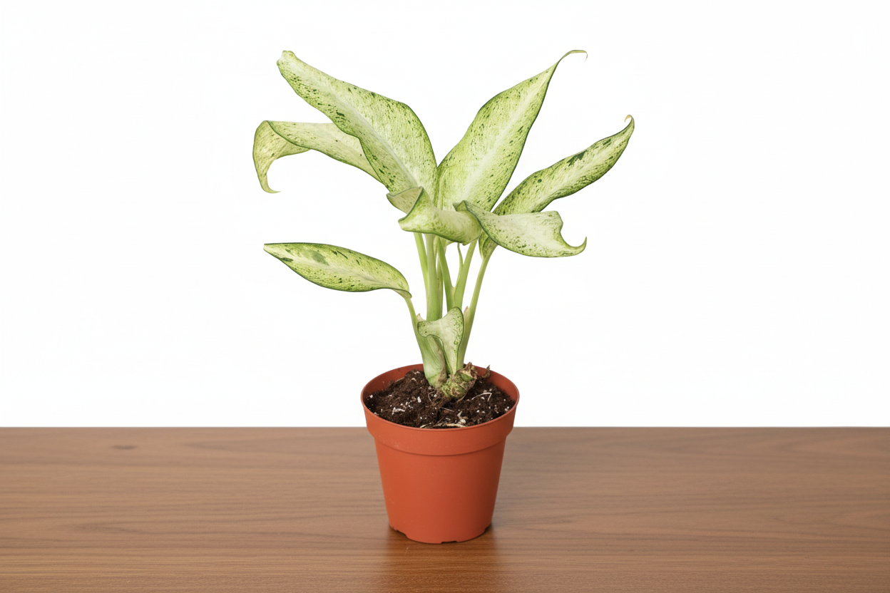 Potted plant with green leaves in a terracotta pot on a white background