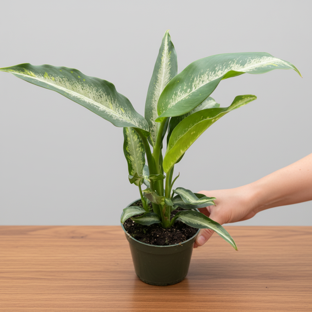 Potted plant with green and yellow leaves held by a hand on a on brown table with grey background