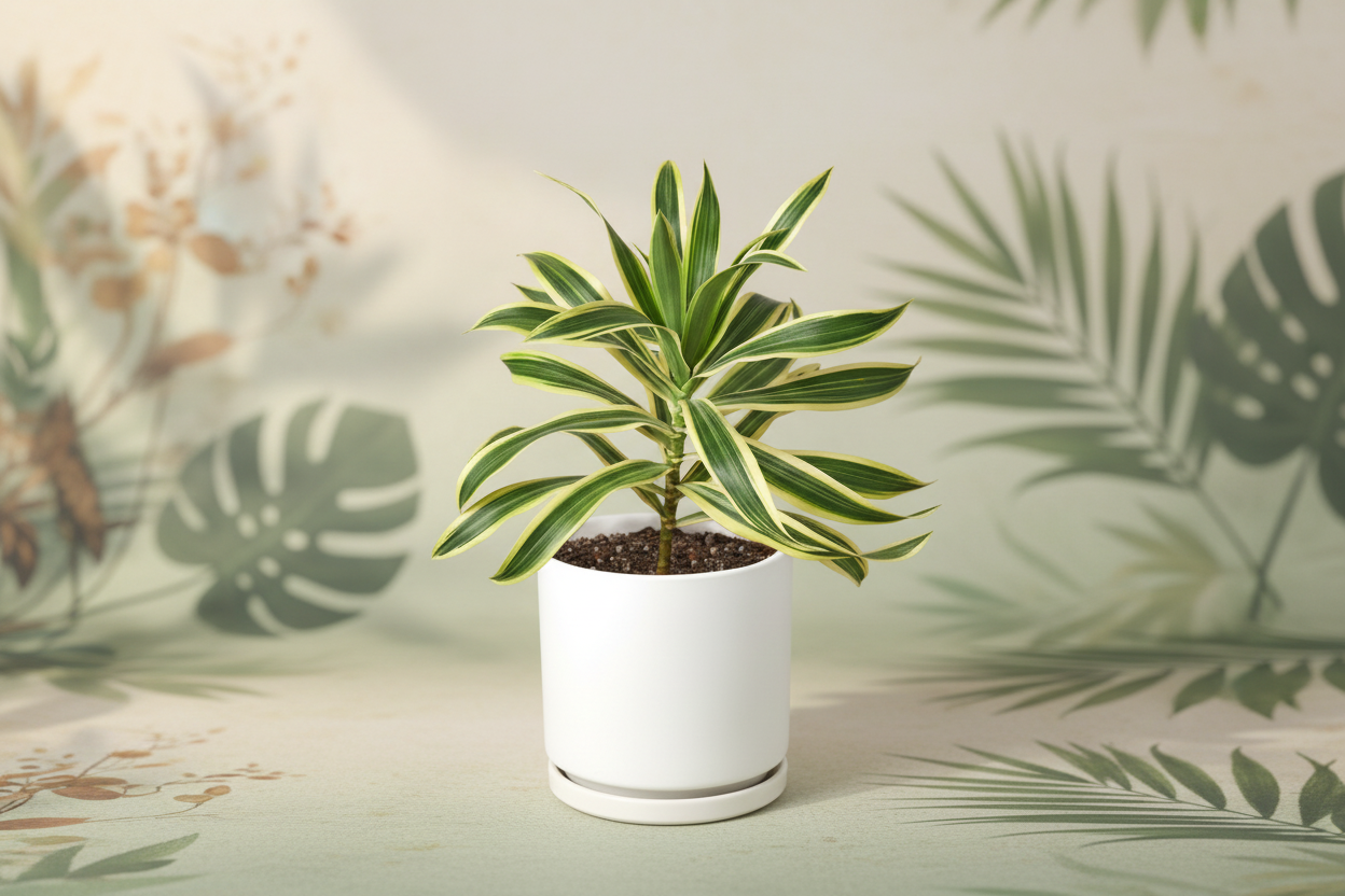 Potted plant with green and yellow leaves on a white background