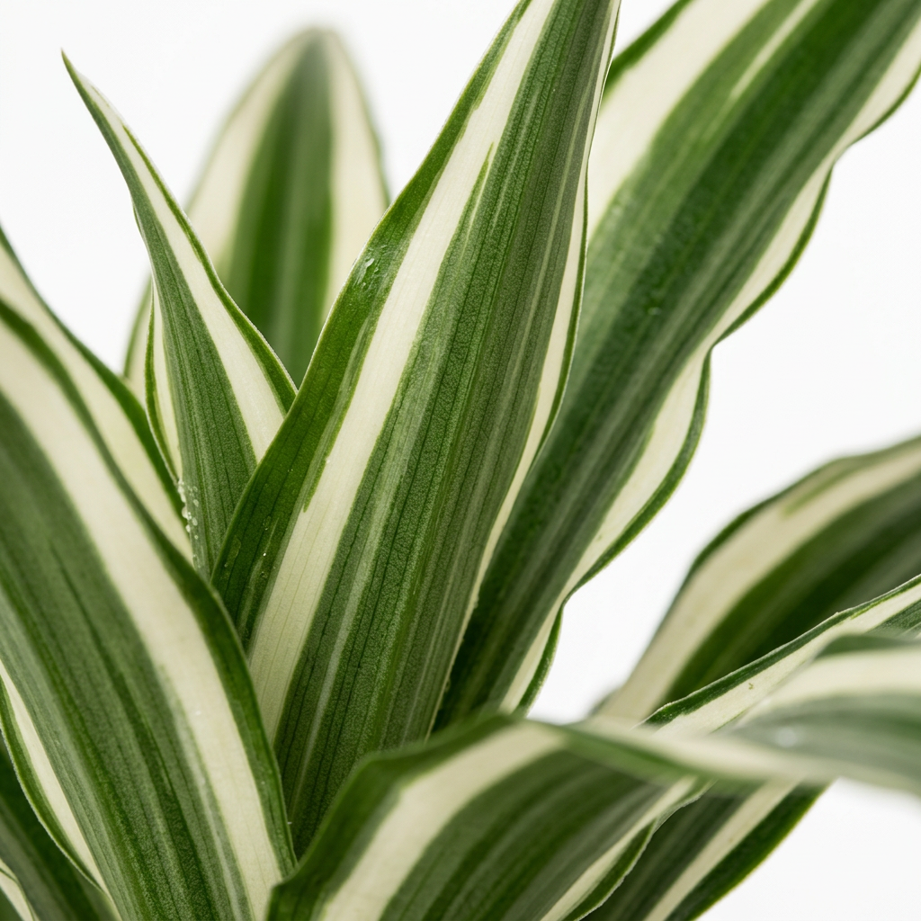 Dracaena warneckii white jewel tropical plant with green and white variegated slender long leaves.