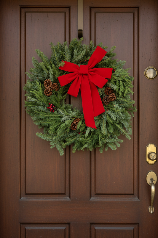 Christmas wreath with a red bow hanging on a brown door 