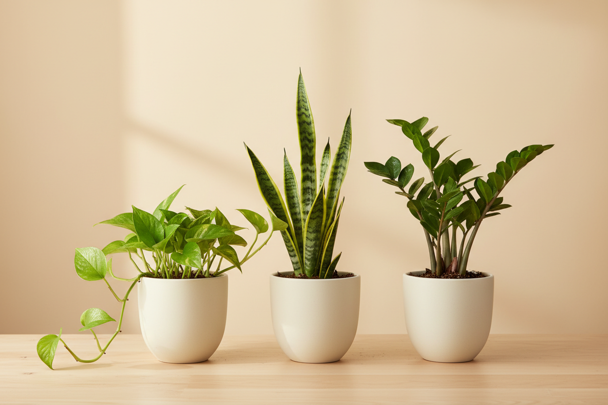 Three potted houseplants in white ceramic pots arranged on a light wood surface against a warm beige wall. The plants include a trailing green vine, a tall snake plant, and a leafy green plant.