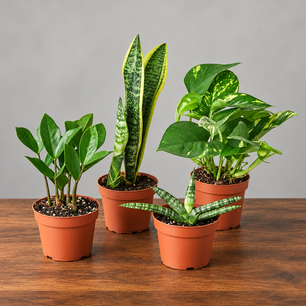 Easy care plants with green leaves in brown pots on a brown table with grey background 