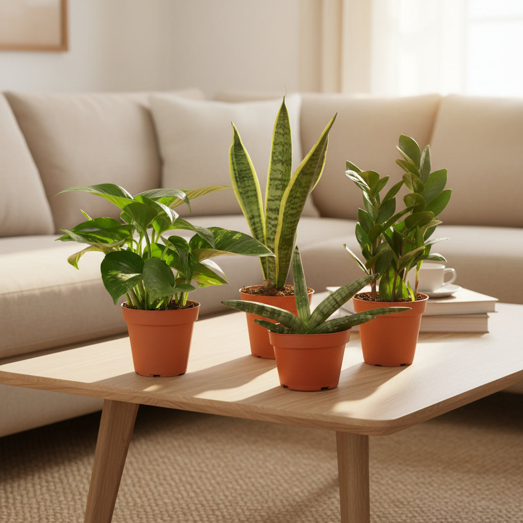 Four potted plants with green leaves in brown pots on a table in a living room setting 