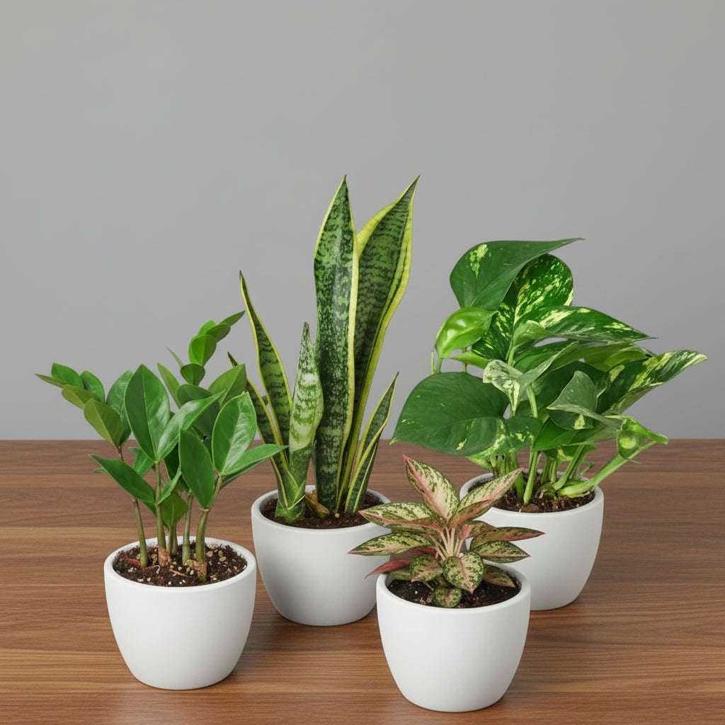 Five potted plants on a brown surface with a grey background
