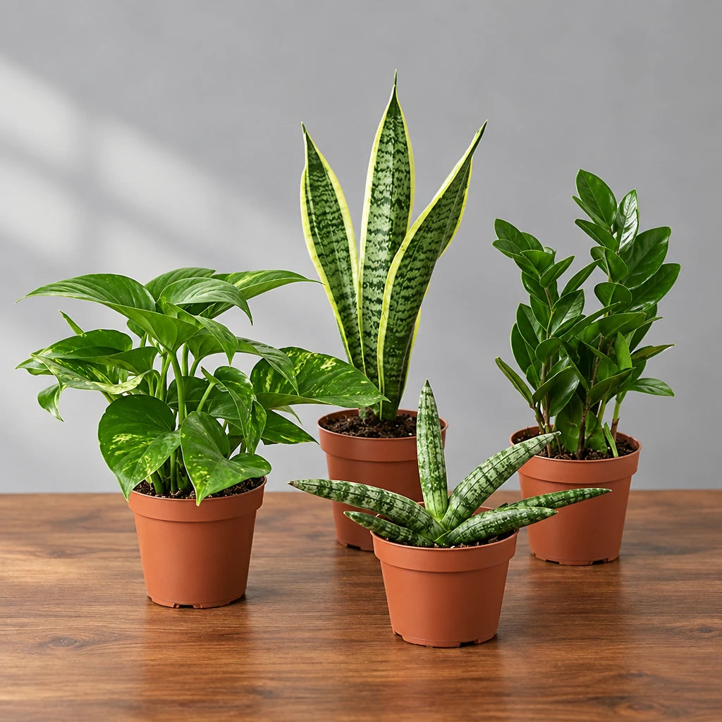 Four potted plants with green leaves in brown pots on a brown table with grey background 