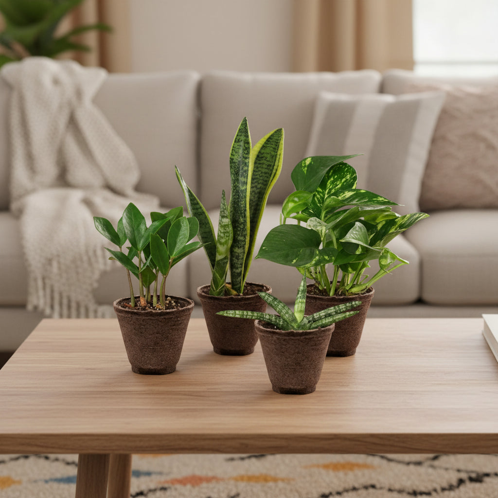Five potted plants with green leaves in brown pots sitting on a coffee table n a living room setting