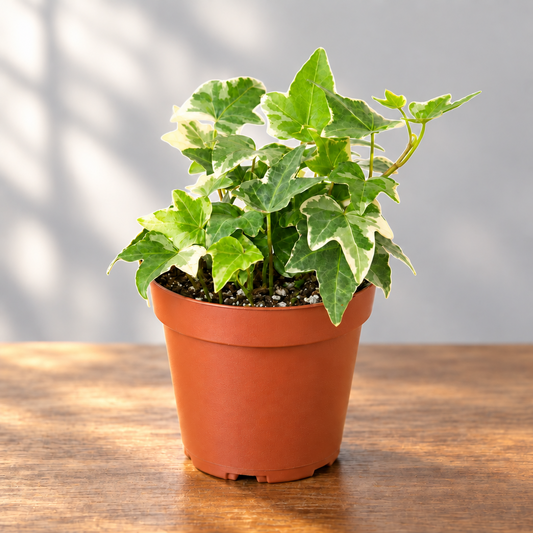 Potted English Ivy ‘Glacier’ in a brown pot sitting on a brown surface with grey wall and light shinning through 