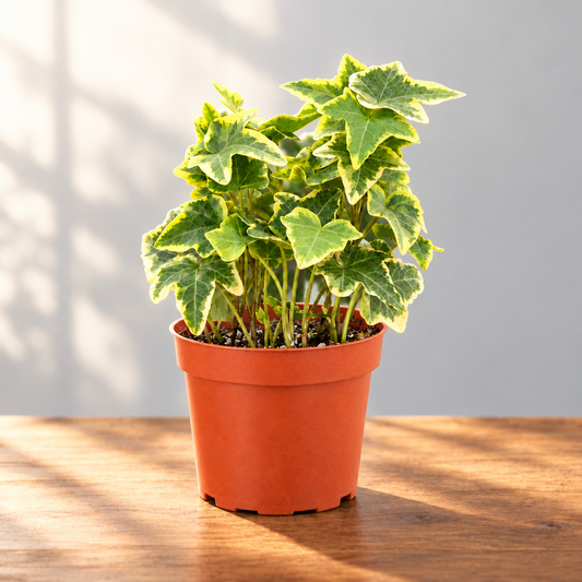 English ivy ‘Gild Child’ plant with green leaves in a brown pot sitting on a brown surface with a grey background 