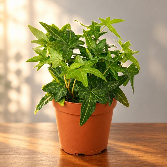 English ivy ‘green California’ with green leaves in a brown pot sitting on a brown surface with grey background and light shinny on it.