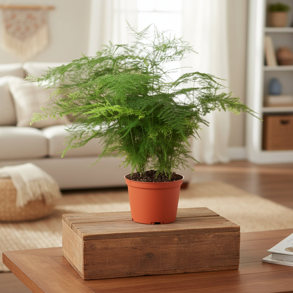 Potted plant with green foliage on a wooden box ion a brown table in a living room 