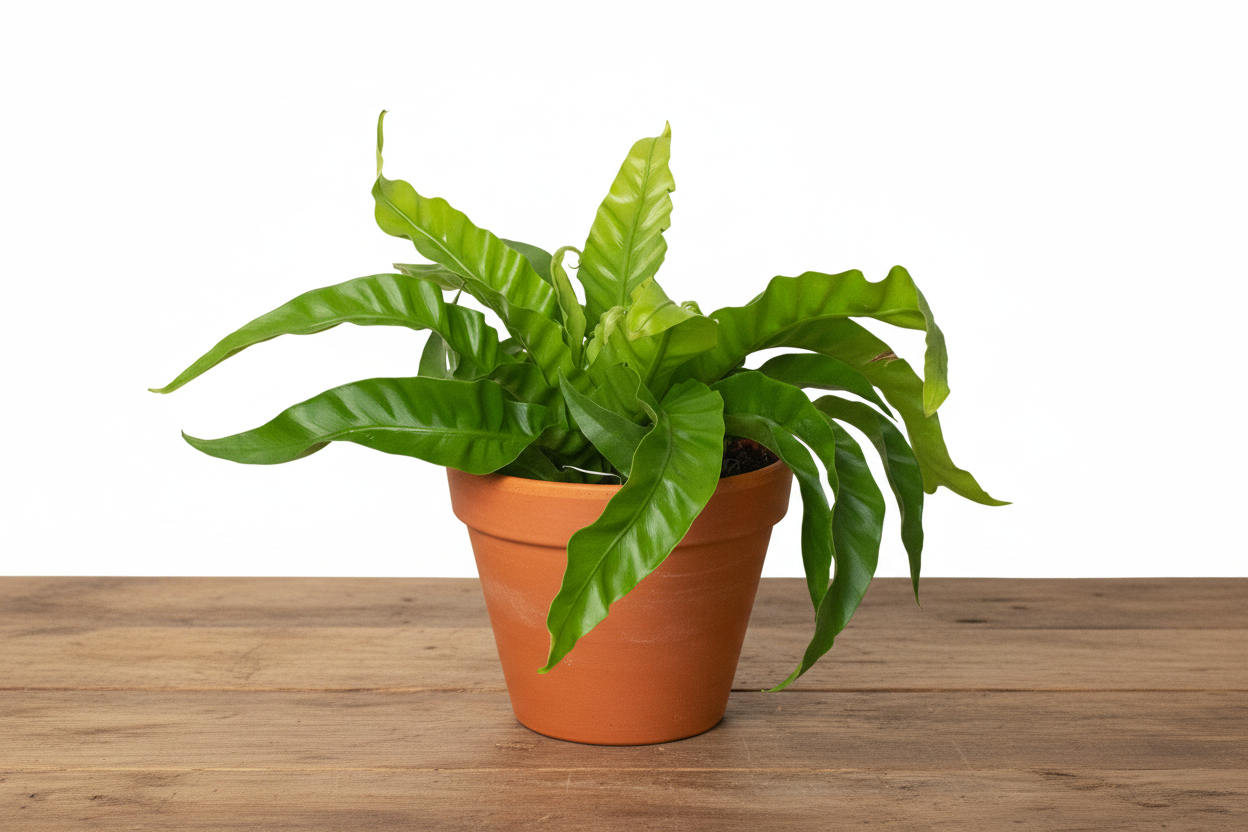 A lush green Bird's Nest Fern in a terracotta pot on a rustic wooden surface.