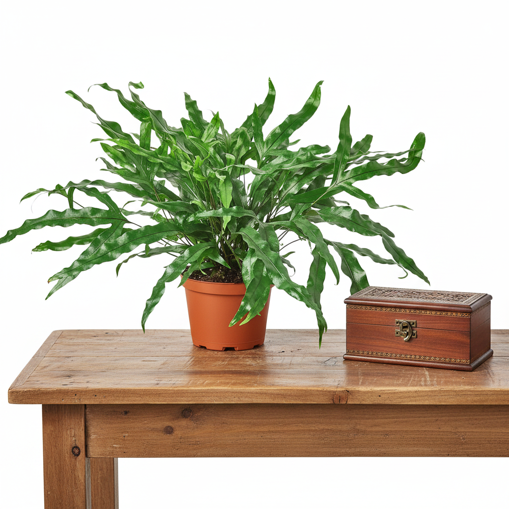 Large green plant sitting in a wooden box on a wooden table with white background 