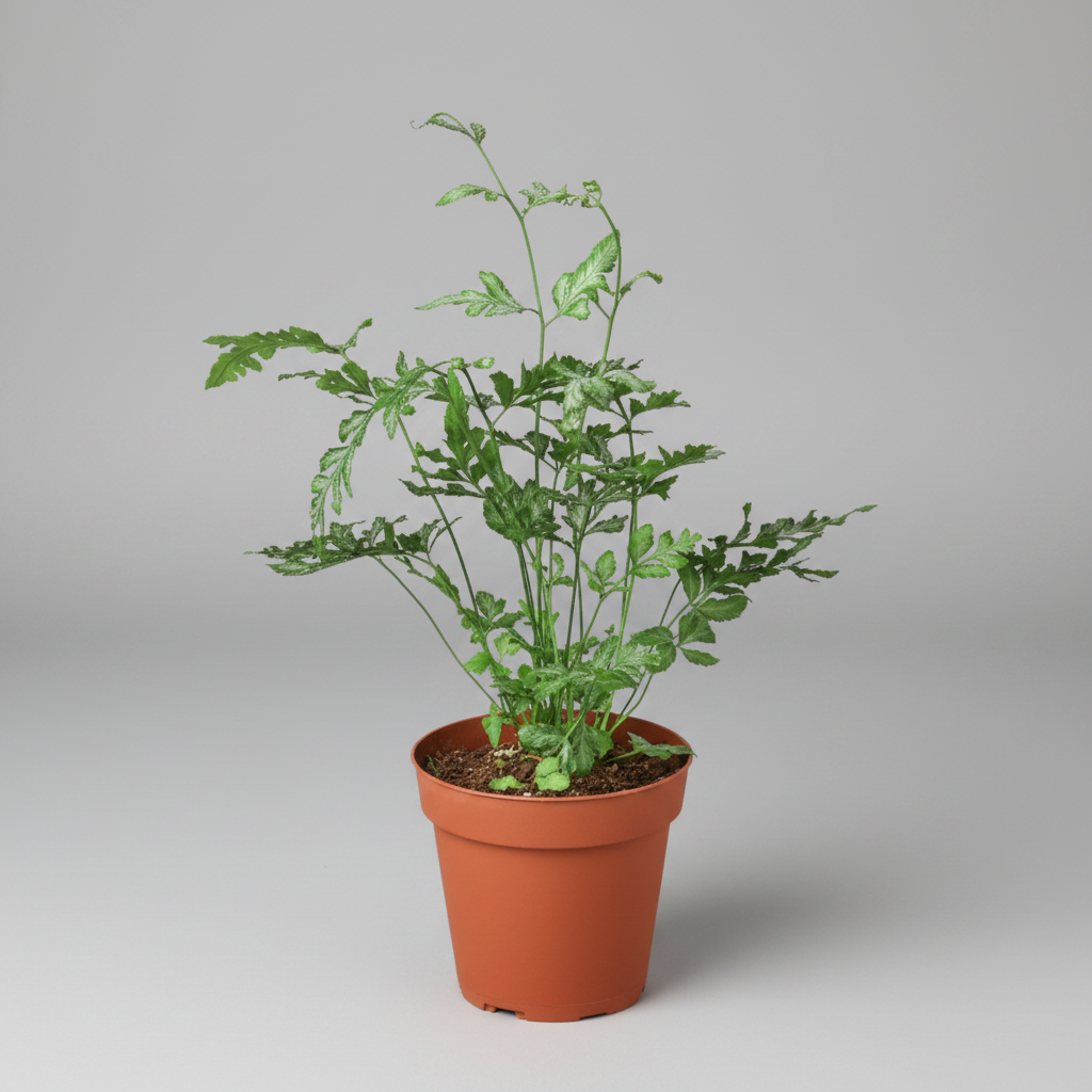 Potted plant with green leaves in a brown nursery pot on a white background