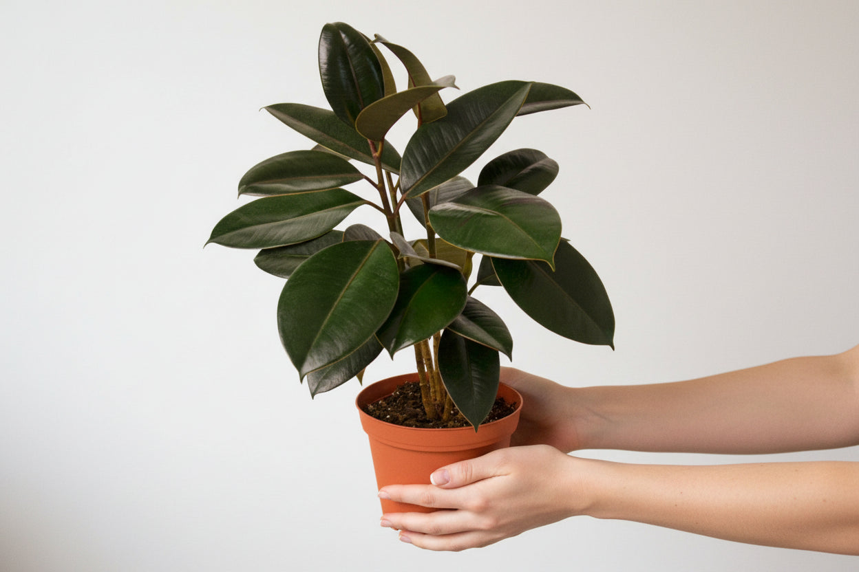 Potted plant with large green leaves on a white background