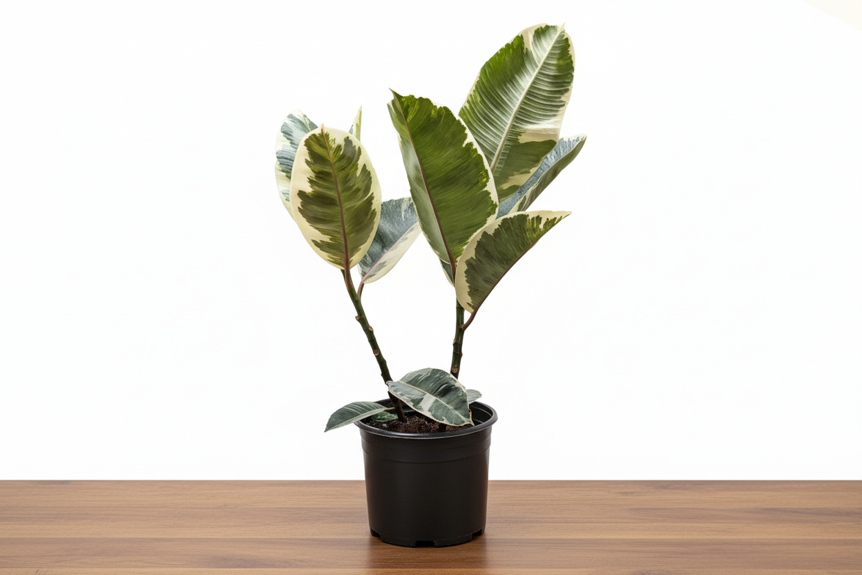 Potted plant with large green leaves on a white background